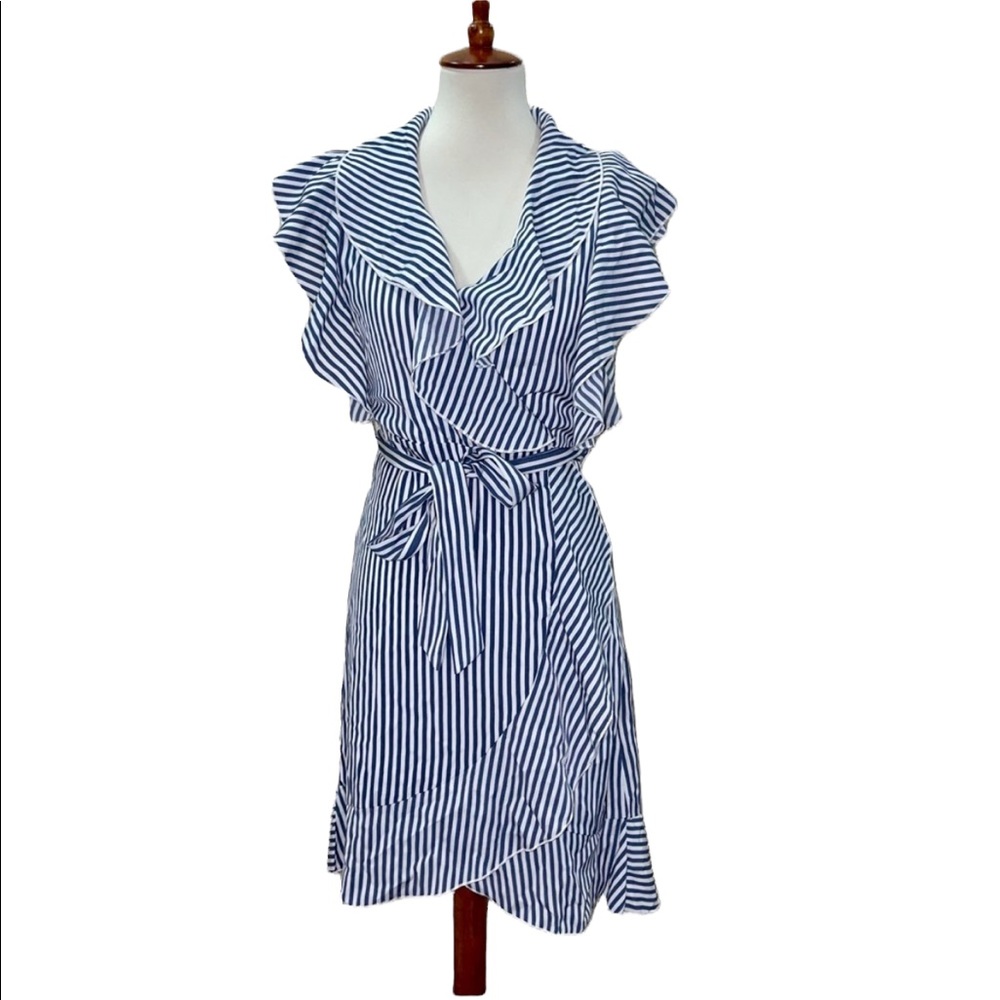 Elizabeth Crosby Pippa Ruffle Sleeve Stripes Blue White Dress Size XS